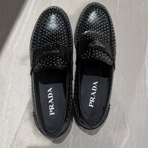 Prada Black Studded Leather Slip-On Loafers